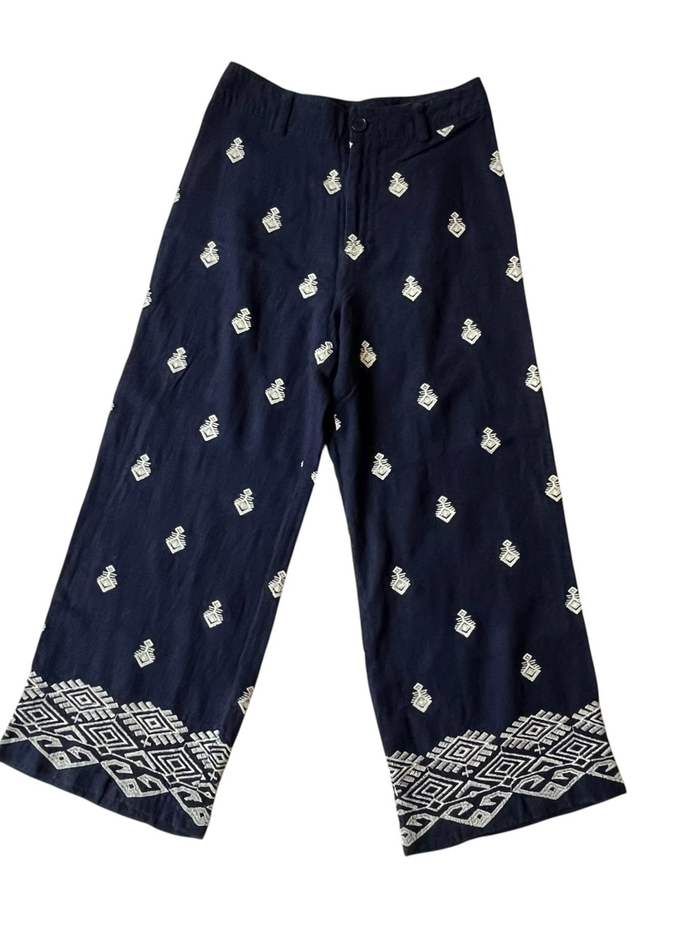 Elie Tahari Wide leg crop pants 8 Blue Embroidered Linen Viscose High rise waist